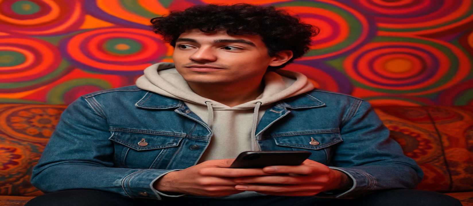 ডেনিম জ্যাকেট পরা এক ব্যক্তি সোফায় বসে হাতে ফোন নিয়ে qqgg অ্যাপে গেম খেলছেন।