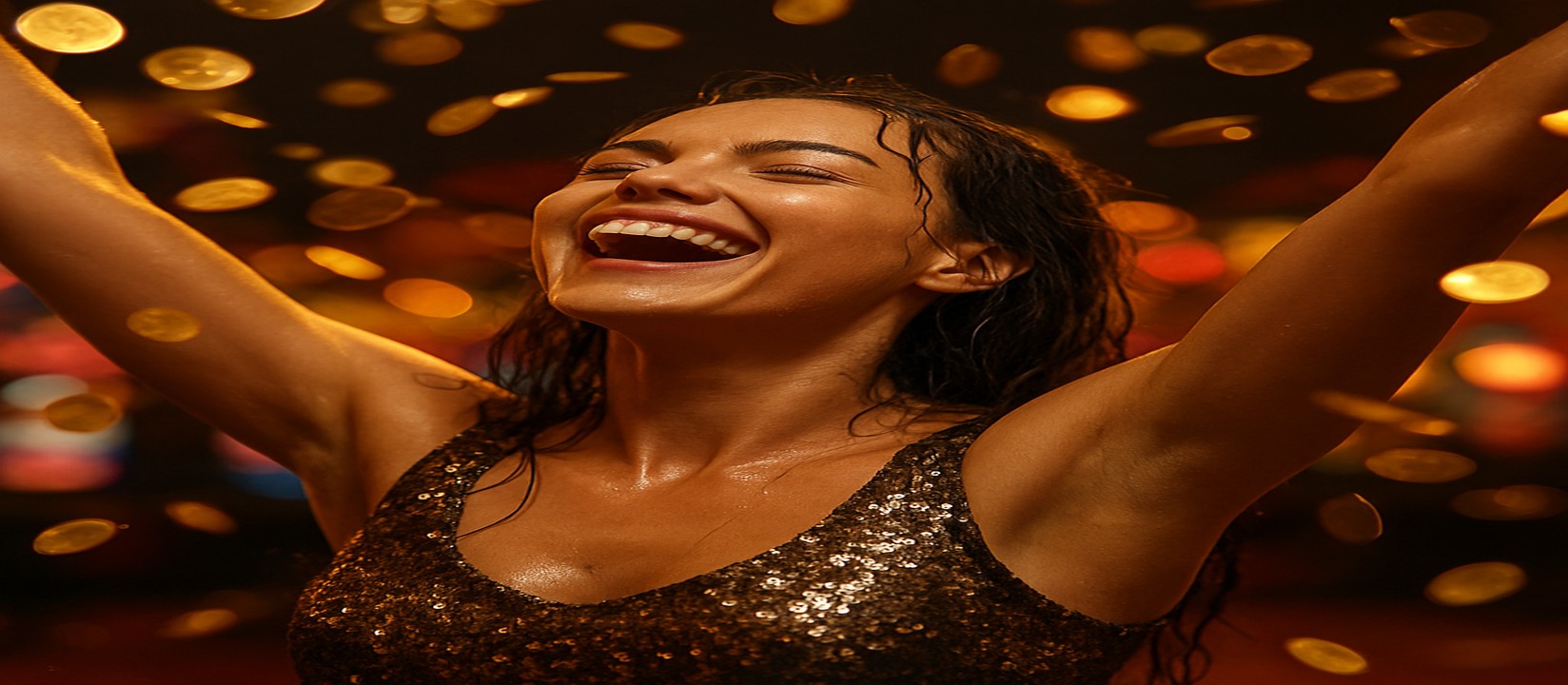 একজন নারী qqgg প্ল্যাটফর্মে এভিয়েটর গেম জয় উদযাপন করছেন এবং চারপাশে সোনার কয়েন উড়ছে