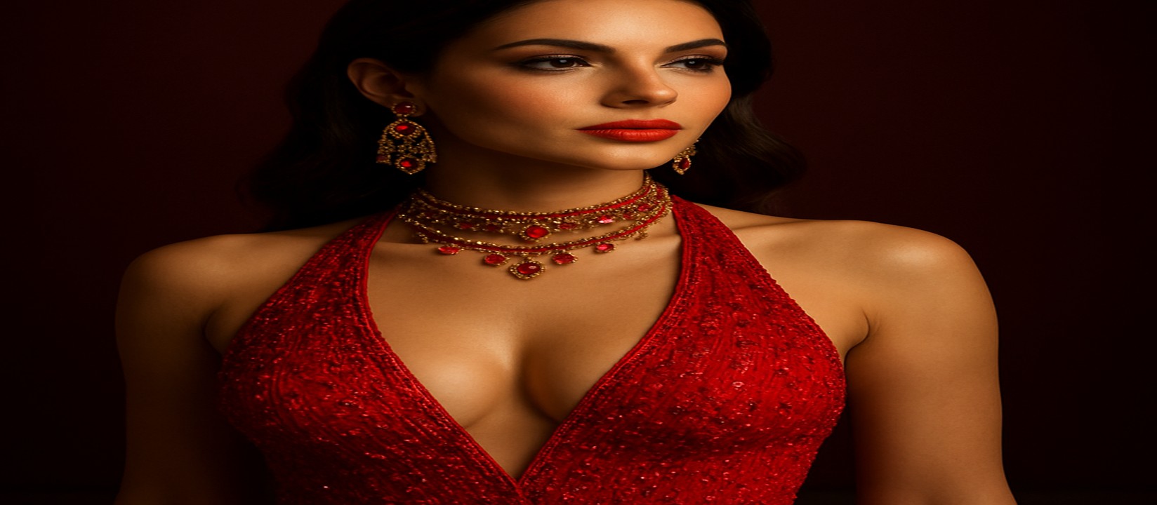 গেমিং প্ল্যাটফর্ম টেবিলে একজন নারী ডিলার আকর্ষণীয় লাল পোশাকে উপস্থিত