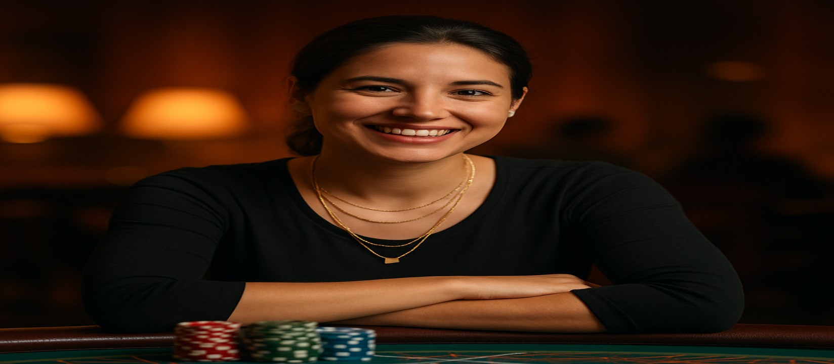 একটি হাসিখুশি নারী ডিলার qqgg-এ গেমিং প্ল্যাটফর্মে একটি টেবিলে, সামনে চিপ ও কার্ডসহ, বিস্তৃত গেমের নির্বাচন উপস্থাপন করছেন।
