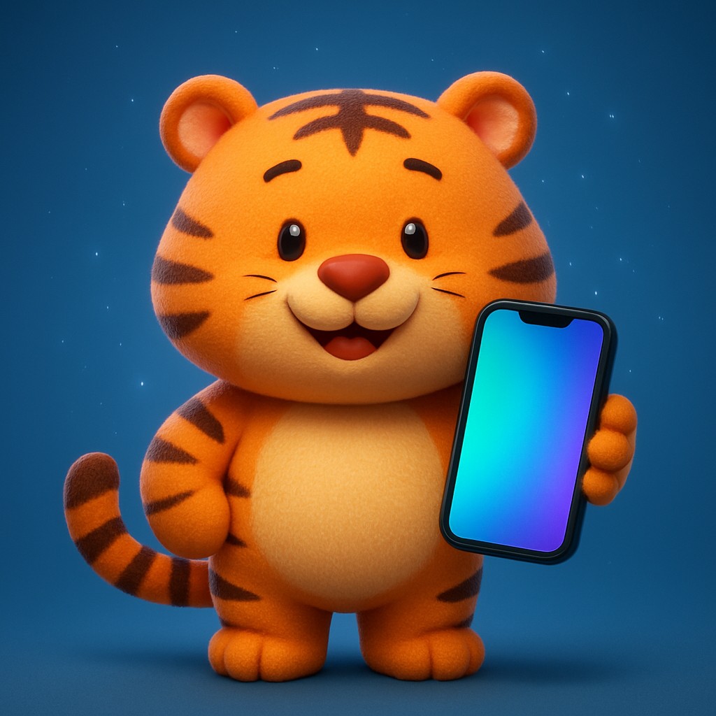 একটি কার্টুন বাঘের শাবক তার পায়ে একটি স্মার্টফোন ধরে আছে; qqgg অ্যাপটি দ্রুত ও নির্ভরযোগ্য।