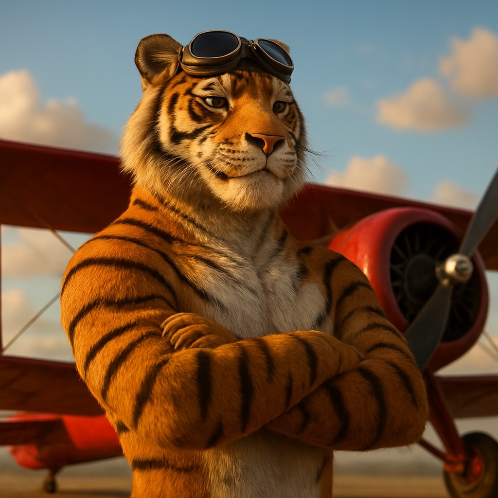 একজন বাঘ-চালিত পাইলট লাল রঙের পুরোনো বিমানের পাশে দাঁড়িয়ে qqgg প্ল্যাটফর্মের এভিয়েটর গেমটির প্রতীক হিসেবে দৃশ্যমান
