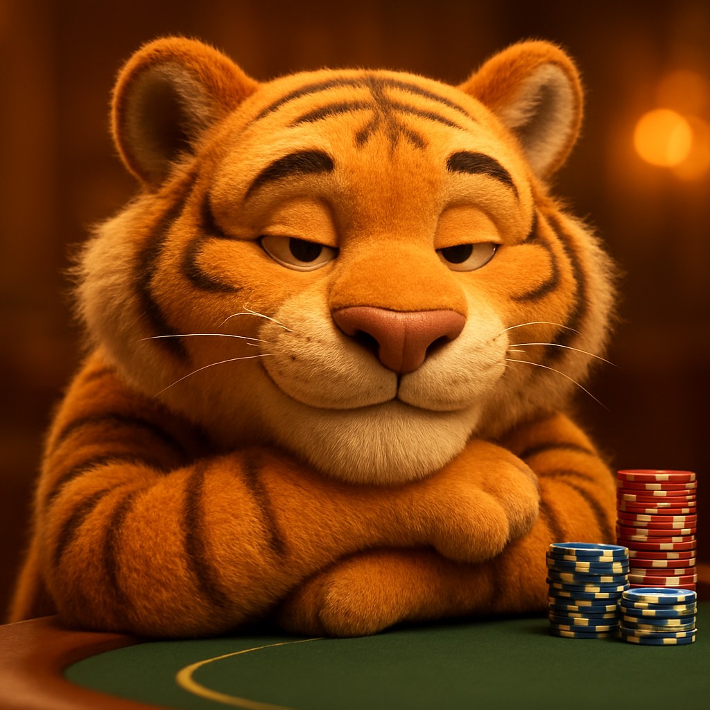 একটি হাসিখুশি বাঘের শাবক qqgg গেমিং প্ল্যাটফর্মের টেবিলে চিপস নিয়ে বসে আছে