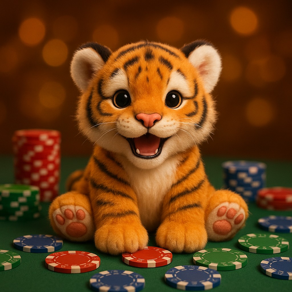 একটি ছোট বাঘের শাবক একটি টেবিলে গেম টোকেনসহ বসে আছে।