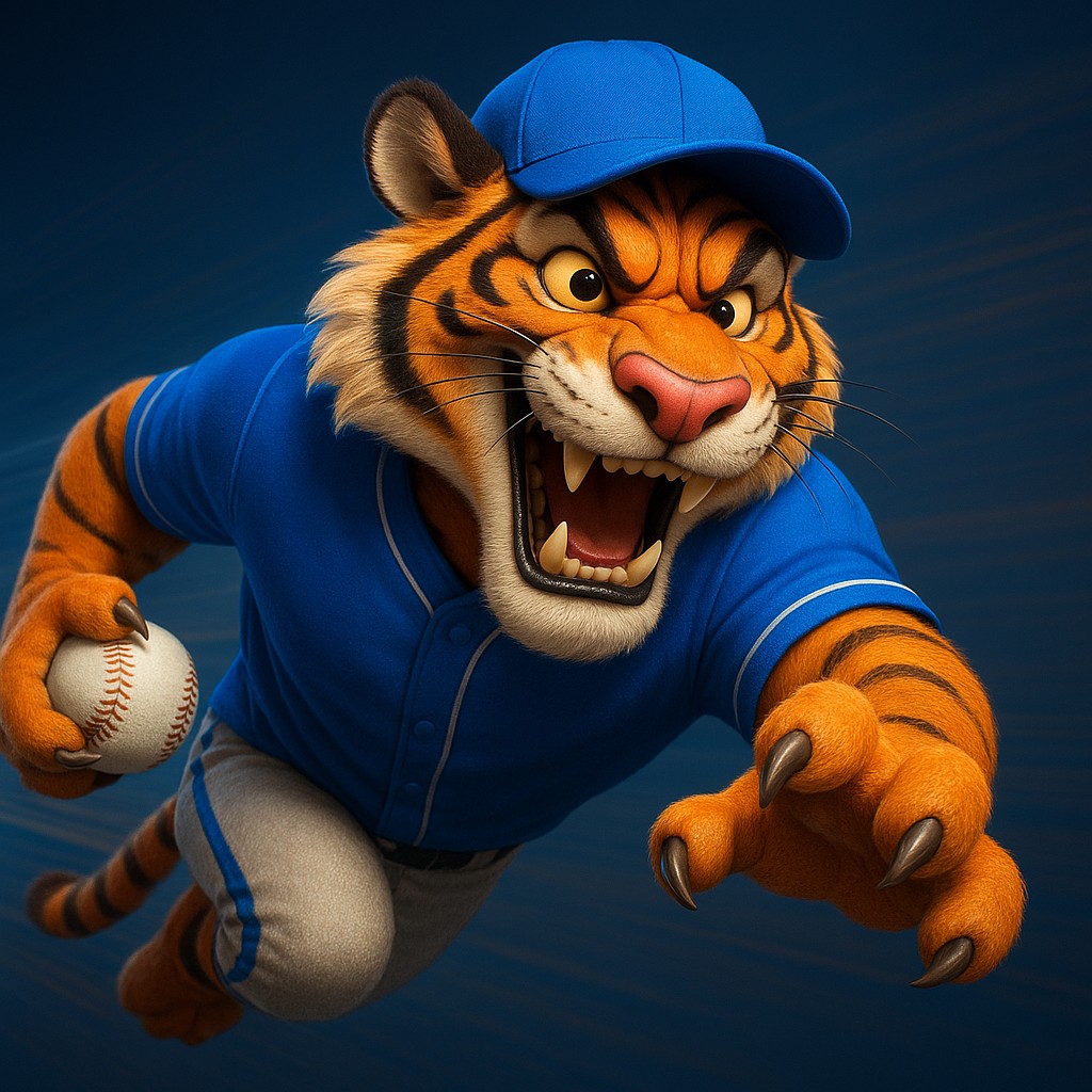 একটি হাসিখুশি বাঘছানাটি ইউনিফর্ম পরা, যার মুঠোয় একটি বল রয়েছে, qqgg-এ ক্রিকেট-গেমিংকে প্রতিনিধিত্ব করে