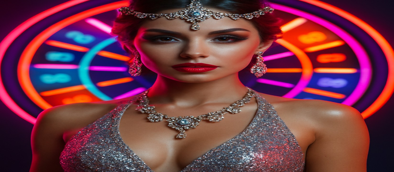 একজন সিকুইনড পোশাক পরা নারী qqgg গেমিং প্ল্যাটফর্ম চাকার সামনে পোজ দিচ্ছেন