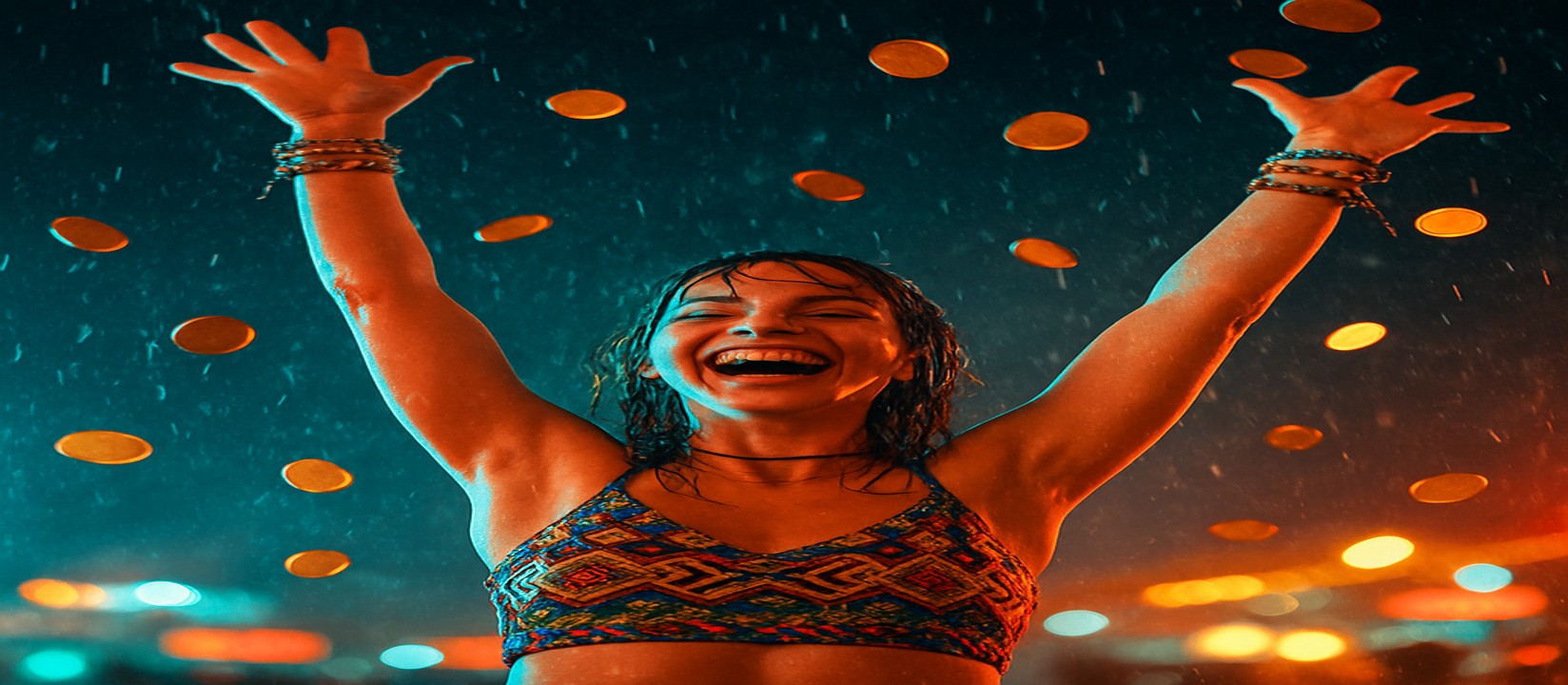 qqgg গেমিং প্ল্যাটফর্মে কয়েন বর্ষণের মধ্যে এক রঙিন টপ পরা নারী দাঁড়িয়ে রয়েছেন